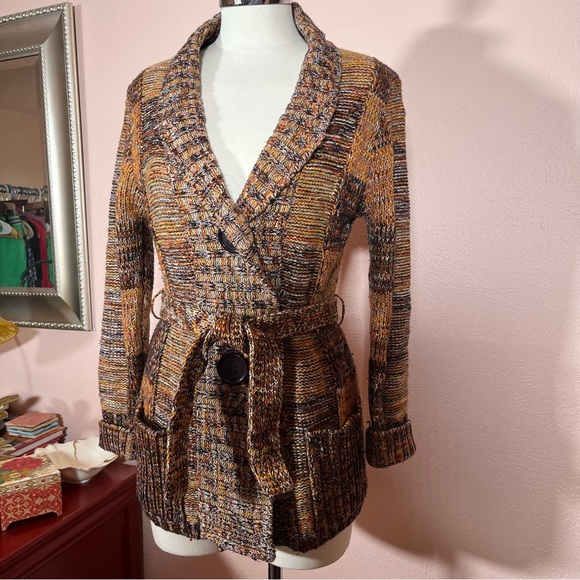 Vintage 60 70 Mod Patchwork Plaid Brown Burnt Orange Tie waist Cardigan Sweater - Picture 14 of 16